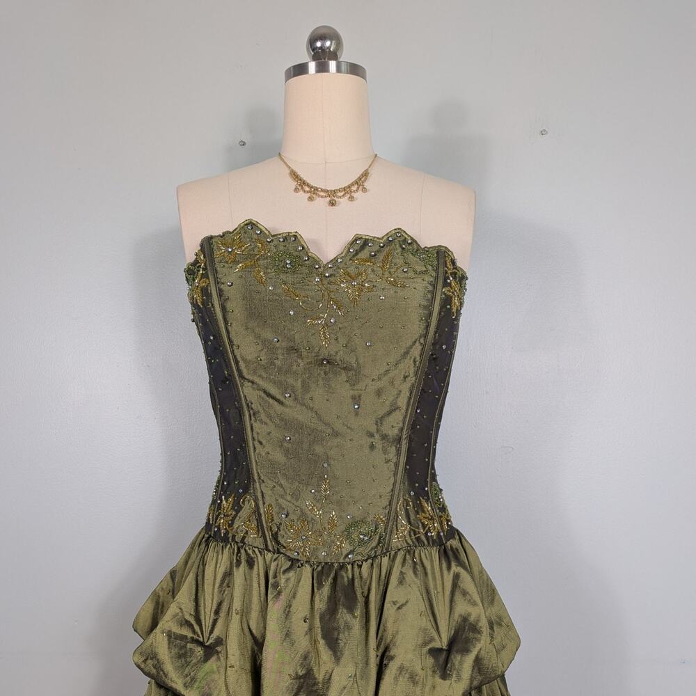 Vintage Prom Dress Maxi Gown 14 Olive Green Fairy Princess Goth Y2K Strapless - Picture 6 of 14
